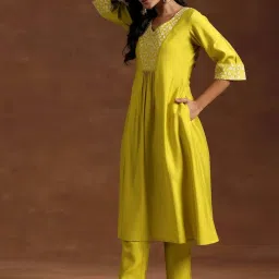 Libas Yellow Floral Embroidered Yoke A-line Kurta with Embroidered Hem Trouser image 3