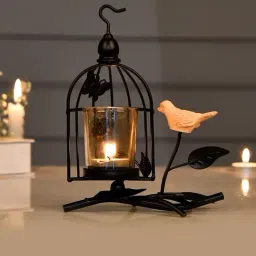 Tayhaa Black Metal Birdcage Tealight Holder with Bird Accent-picture-24