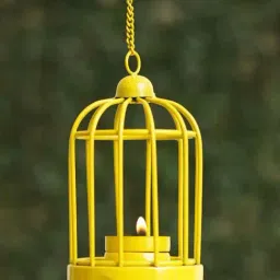 eCraftIndia Yellow Iron Iron Cage Shaped Tea Light Candle Holder With Hanging Chain-image-85