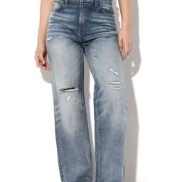 Only Medium Blue Denim Cotton Straight Fit Distressed Jeans-picture-24