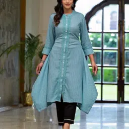 Juniper Blue Cotton Embroidered A Line Kurta-image-55