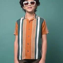 Crimsoune Club Boys Brown Slim Fit Striped Shirt-picture-38