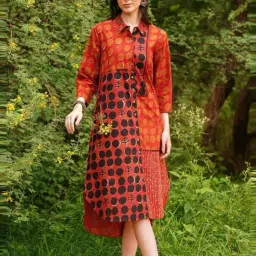 Jaypore Red Dabu Print Straight Fit Dress image 3