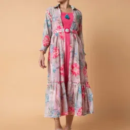 SHOWOFFFF Pink Printed Midi Dress With Shrug & Belt image 5
