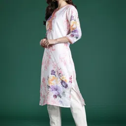 Indo Era Women Floral Printed Regular Linen Kurta with Trousers & With Dupatta image 2