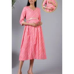 Zelena Three Fourth Sleeves Checkered & Embroidered Lace Embellished Fit & Flare Maternity Dress With Vertical Concealed Zipper Nursing Access - Pink-picture-29