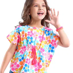 Babyhug 100% Cotton Knit Half Sleeves Kaftan Style Top With Tassel Detailing & Floral Print - WHite-picture-17