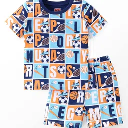 Babyhug Single Jersey Knit Half Sleeves Night Suit Sports Print - Blue-picture-15