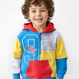 Babyhug Cotton Knit Full Doctor Sleeves Hooded Sweatshirt with Cut & Sew Design & Text Print - Multicolour-picture-24