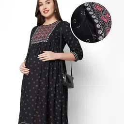 Bella Mama Viscose Woven Three Forth Sleeves Maternity Kurta With Embroidered Yoke & Pocket - Black-image-38