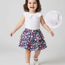 Babyhug Single Jersey Knit Sleeveless Schiffli Peter Pan Collar Top & Skirt Set With Floral Print & Bow Applique - White & Navy Blue-picture-18