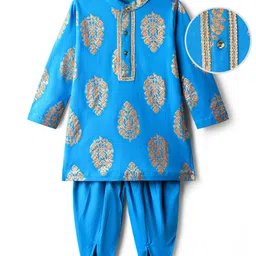 EARTHY TOUCH Single Jersey Knit Full Sleeves Kurta Dhoti Set With Floral Print - Light Blue-picture-13