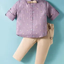 ToffyHouse Poplin Woven Full Sleeves Printed Party Shirt & Trouser Set With Bow & Suspender - Khaki-picture-24