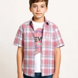CAVIO Cotton Woven Half Sleeves Checked Shirt & Tee Set - Pink-image-31