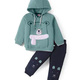 Mark & Mia Terry Knit Full Sleeves Winter Wear Hooded Sweatshirt & Lounge Pant Set with Bear Print & Patch Detailing - Mint-picture-18