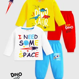 KUCHIPOO Cotton Knit Pack Of 2 Full Sleeves Dinosaurs Printed Tees & Joggers Set - Red Yellow White & Sky Blue-picture-17