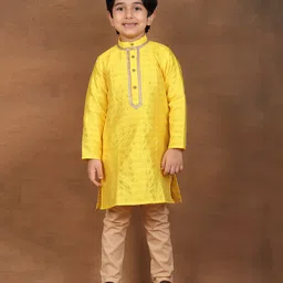 Superminis Silk Woven Full Sleeves Gota Lace Embellished Kurta & Pyjama Set - Yellow-picture-13