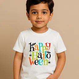 BLUSHES 100% Cotton Knit Halloween Theme Half Sleeves Happy Halloween Text Printed Tee - White-picture-13