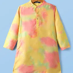 Pine Kids Woven Full Sleeves Kurta Pyjama Set with Tie-Dye Effect - Yellow Pink & White image 2