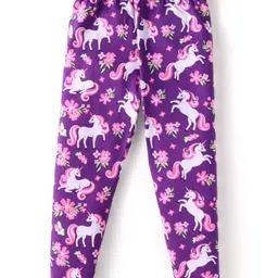 Babyhug Cotton Lycra Knit Full Length Leggings With Unicorn & Polka Dot Print Pack of 3 - Pink Violet & Purple image 3
