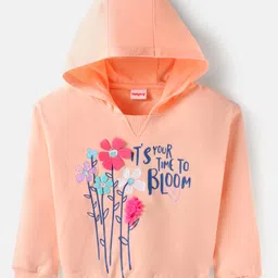 Babyhug Terry Knit Full Sleeves Hooded Sweatshirt & Solid Denim Jeans Set With Floral Print & Applique - Peach & Blue image 3