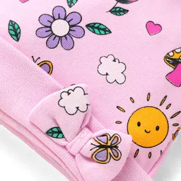 Babyhug 100% Cotton Interlock Knit Cap With Floral Print & Bow Applique - Pink image 3