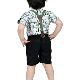 OJ TREND Green Printed Y Suspenders Shirt & Shorts Dungaree Set With Bow Tie And Cap image 3