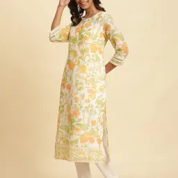 W White Viscose Floral Print Print Straight Kurta image 3
