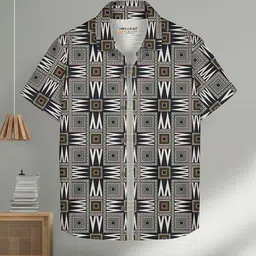 HELLCAT Boys Spread Collar Geometric Printed Cotton Casual Shirt-image-26