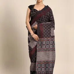 Kalakari India Black Cotton Ajrakh Print Saree With Unstitched Blouse-image-0