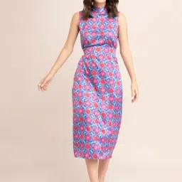 Fablestreet Blue & Pink Floral Print Midi Dress-image-64