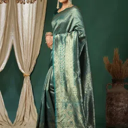 Satrani Green Silk Blend Woven Saree With Unstitched Blouse image 3
