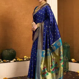 Satrani Navy Blue Silk Self Design Saree With Unstitched Blouse image 3