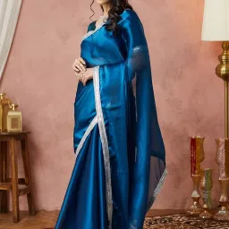 Satrani Blue Tissue Silk Solid Saree With Unstitched Blouse image 3