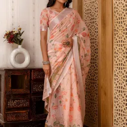 Satrani Pink Cotton Blend Floral Saree With Unstitched Blouse image 3