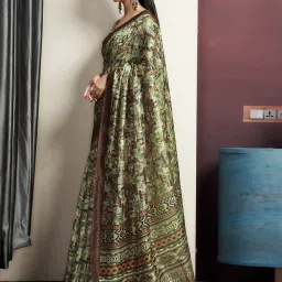 Satrani Green Cotton Blend Printed Saree With Unstitched Blouse image 3