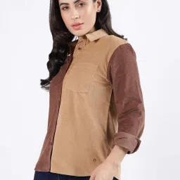 Iconic Brown Cotton Color-Block Shirt image 3