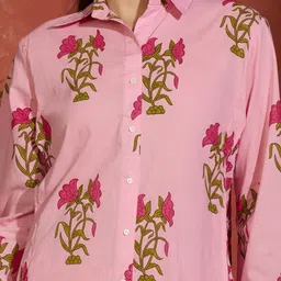 Indo Era Floral Printed Shirt Collar Pure Cotton Straight Kurta With Trousers image 4