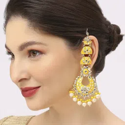 OOMPH Yellow Meenakari & Kundan Floral Dangler Earrings image 3