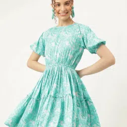 MASAKALI.CO Pastel Mint Blue Printed Skater Dress-image-6