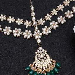 Karatcart Gold Plated Green Tumble Stone Studded Handcrafted Kundan Matha Patti for Women-picture-37