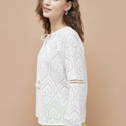 Colour Me By Melange White Cotton Regular Fit Embroidered Top image 3