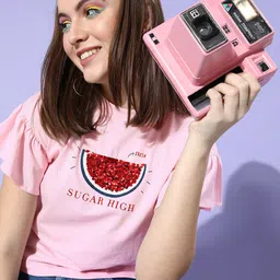 Kook N Keech Women Pretty Pink Conversational Ruffled Top-image-89