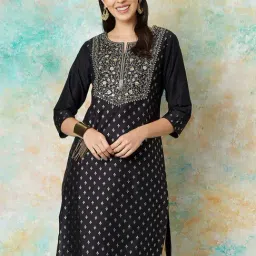 Melange by Lifestyle Black Embroidered Straight Kurta-image-26