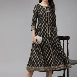 YASH GALLERY Black Cotton Printed A Line Kurta image 4