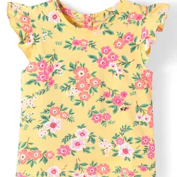 Babyhug Cotton Knit Frill Sleeves T-Shirt With Floral Print - Mustard-picture-35