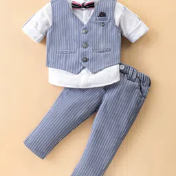 JASH KIDS Cotton Knit  Full Sleeves  Striped Party Suit with Bow - Grey-picture-17
