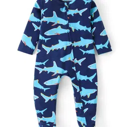 Babyhug Cotton Knit Full Sleeves Footed Sleep Suit With Sharks Print - Navy Blue-picture-14