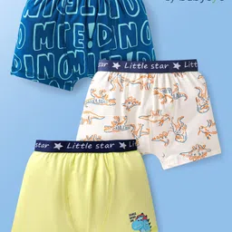Babyoye Cotton Knit Boxerswith Dino & Text Print Pack of 3 - Yellow Off White & Blue-picture-19