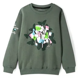 Doreme Fleece Knitted Full Sleeves Sweatshirt With Butterfly & Text Print - Olive Green-image-2
